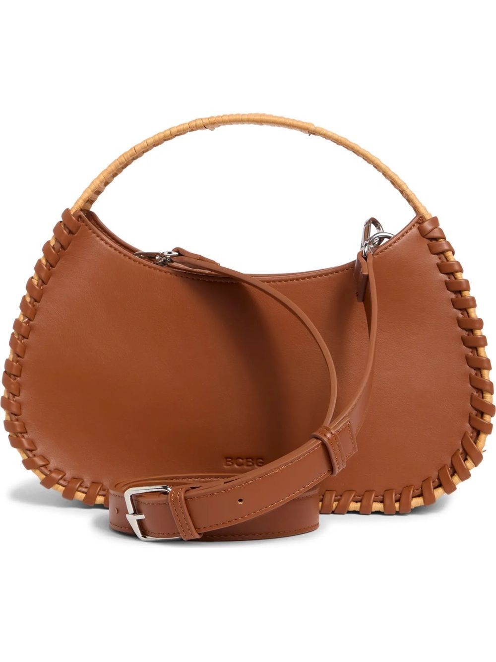 BCBG Wicker Whipstitch Vegan Leather Tote Crossbody Bag Brown